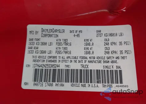 2005 Dodge Dakota Slt z USA, uszkodzony, nr VIN 1D7HW42N25S305244